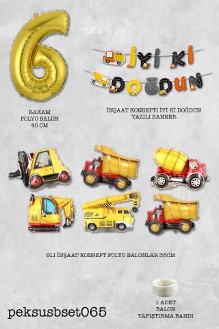İnşaat Temalı Doğum Günü Parti Seti Yaş Balonlu Bannerlı Doğum Günü Süsleme Seti 6