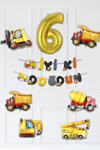 İnşaat Temalı Doğum Günü Parti Seti Yaş Balonlu Bannerlı Doğum Günü Süsleme Seti 6