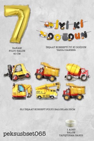 İnşaat Temalı Doğum Günü Parti Seti Yaş Balonlu Bannerlı Doğum Günü Süsleme Seti 7