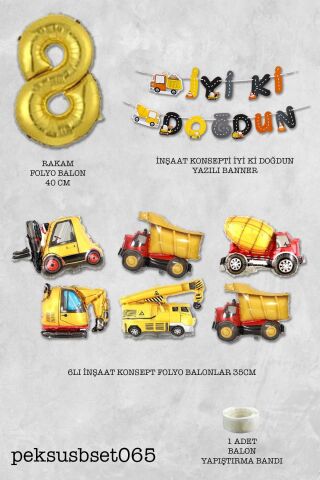 İnşaat Temalı Doğum Günü Parti Seti Yaş Balonlu Bannerlı Doğum Günü Süsleme Seti 8