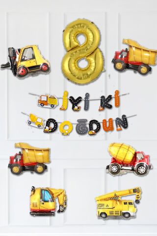 İnşaat Temalı Doğum Günü Parti Seti Yaş Balonlu Bannerlı Doğum Günü Süsleme Seti 8