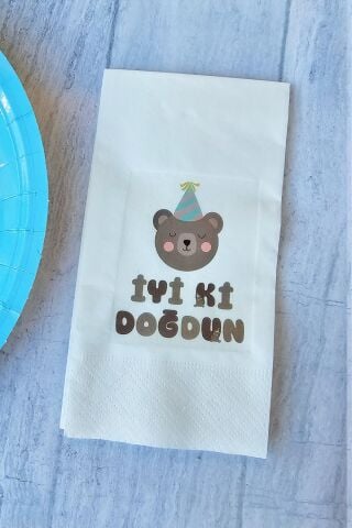 Retro Ayı Konsept Baskılı Doğum Günü Peçetesi 20li