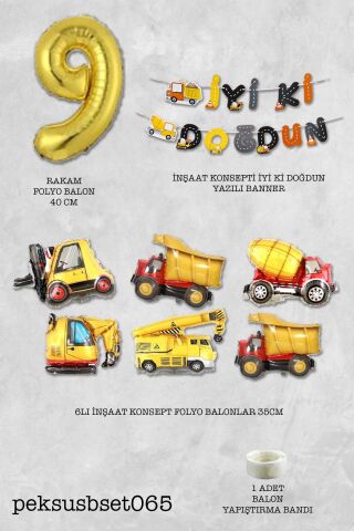 İnşaat Temalı Doğum Günü Parti Seti Yaş Balonlu Bannerlı Doğum Günü Süsleme Seti 9