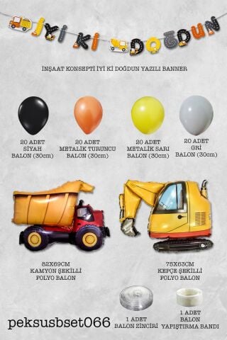 İnşaat Araçları Doğum Günü Konsepti Parti Seti Banner İnşaat Tema Balon Zinciri Seti