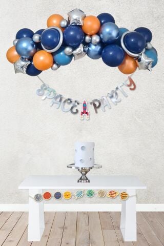 Uzay Tema Doğum Günü Bannerlı Balon Zinciri Seti Uzay Gezegen Balon Zinciri