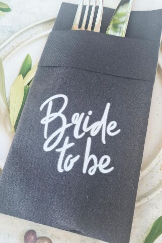 Kumaş Dokulu Beyaz Baskılı Bride To Be Bride Parti Peçetesi SİYAH Peçete 6'lı