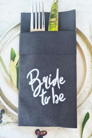 Kumaş Dokulu Beyaz Baskılı Bride To Be Bride Parti Peçetesi SİYAH Peçete 6'lı