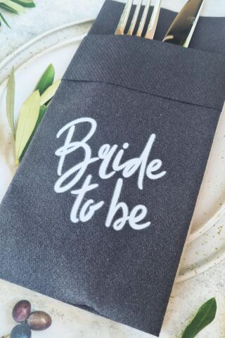 Kumaş Dokulu Beyaz Baskılı Bride To Be Bride Parti Peçetesi SİYAH Peçete 6'lı