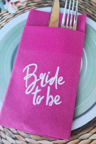 Fuşya Kumaş Dokulu Beyaz Baskılı Bride To Be Bride Parti Peçetesi FUŞYA Peçete 6'lı