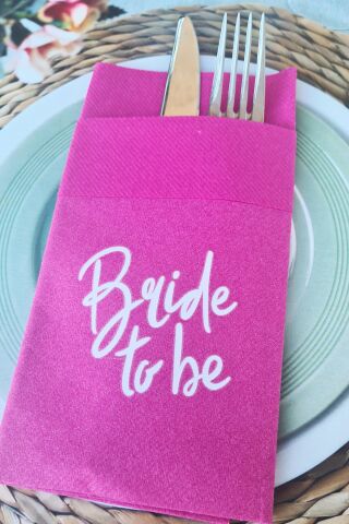 Fuşya Kumaş Dokulu Beyaz Baskılı Bride To Be Bride Parti Peçetesi FUŞYA Peçete 6'lı