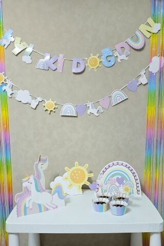 Gökkuşağı Tema Banner Gökkuşağı Unicorn Temalı Doğum Günü Süsleri