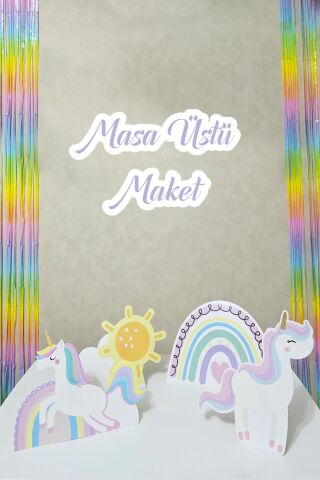 Gökkuşağı Unicorn Tema Ayaklı Pano Seti Gökkuşağı Konsept Doğum Günü Masa Üstü Panolar