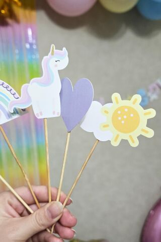 Gökkuşağı Unicorn Tema Kürdan Süsleri Cupcake Süsleri Gökkuşağı Konsept Lüks Büyük Boy 10lu Paket