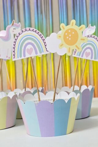 Gökkuşağı Unicorn Tema Kürdan Süsleri Cupcake Süsleri Gökkuşağı Konsept Lüks Büyük Boy 10lu Paket