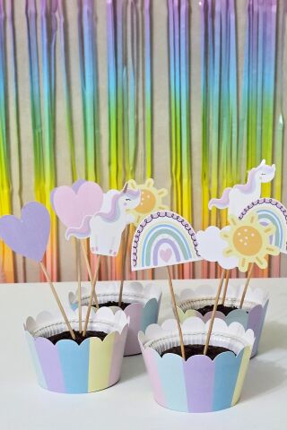 Gökkuşağı Unicorn Tema Kürdan Süsleri Cupcake Süsleri Gökkuşağı Konsept Lüks Büyük Boy 10lu Paket