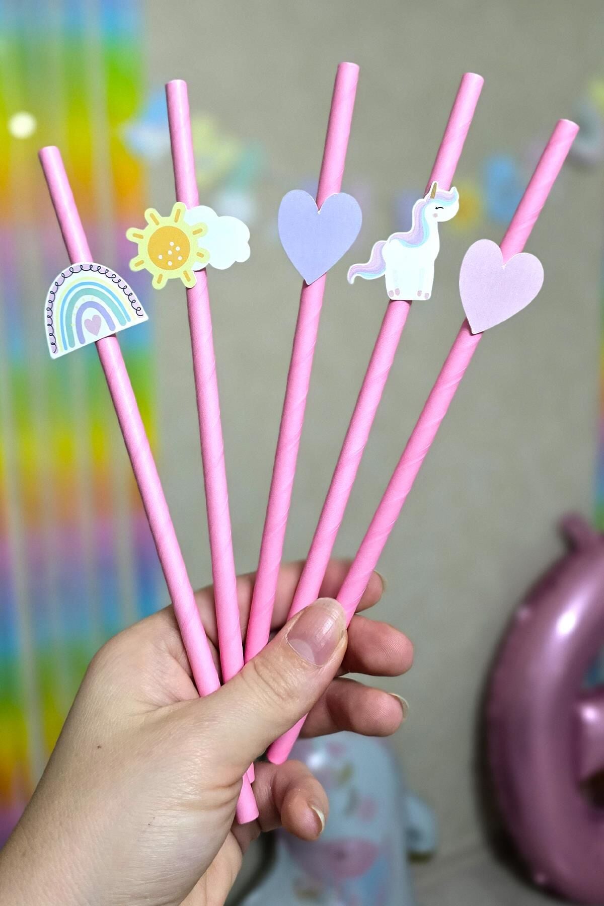 Gökkuşağı Unicorn Tema Pipet Süsleri 10lu Unicorn Konsept Lüks Pipet Paketi