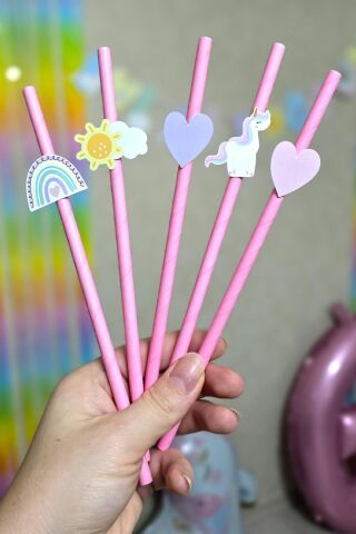 Gökkuşağı Unicorn Tema Pipet Süsleri 10lu Unicorn Konsept Lüks Pipet Paketi