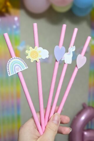 Gökkuşağı Unicorn Tema Pipet Süsleri 10lu Unicorn Konsept Lüks Pipet Paketi