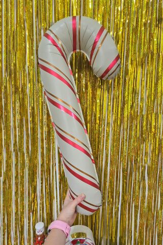 Retro Bej Baston Şeker Folyo Balon Gold Kırmızı Çizgili Bej Baston Şeker Yılbaşı Balonu