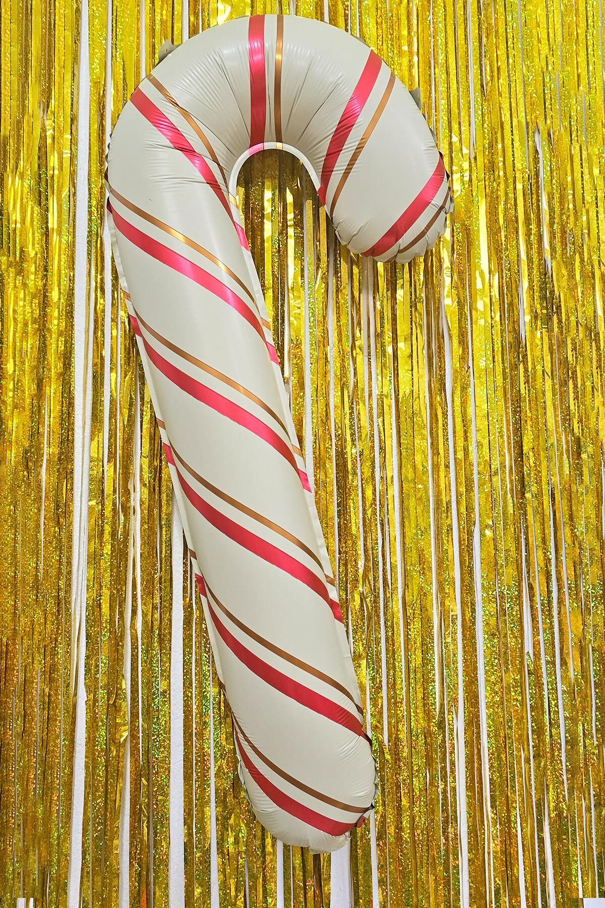 Retro Bej Baston Şeker Folyo Balon Gold Kırmızı Çizgili Bej Baston Şeker Yılbaşı Balonu