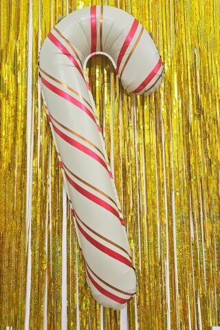 Retro Bej Baston Şeker Folyo Balon Gold Kırmızı Çizgili Bej Baston Şeker Yılbaşı Balonu