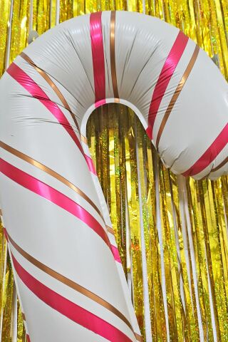 Retro Bej Baston Şeker Folyo Balon Gold Kırmızı Çizgili Bej Baston Şeker Yılbaşı Balonu