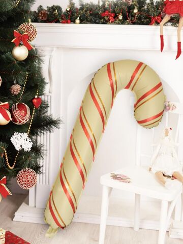 Retro Bej Baston Şeker Folyo Balon Gold Kırmızı Çizgili Bej Baston Şeker Yılbaşı Balonu