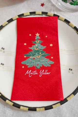 Yılbaşı Ağacı Mutlu Yıllar Baskılı Kırmızı Yılbaşı Peçetesi 12li Paket