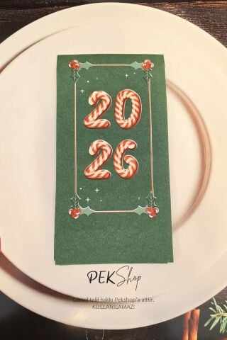 Candy Cane 2026 Baskılı Yeşil Yılbaşı Peçetesi - Yeşil Peçete 12li Paket