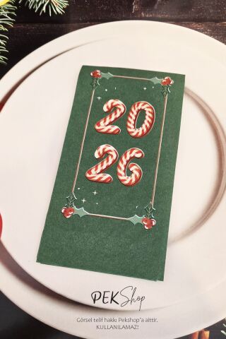 Candy Cane 2026 Baskılı Yeşil Yılbaşı Peçetesi - Yeşil Peçete 12li Paket