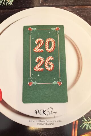 Candy Cane 2026 Baskılı Yeşil Yılbaşı Peçetesi - Yeşil Peçete 12li Paket