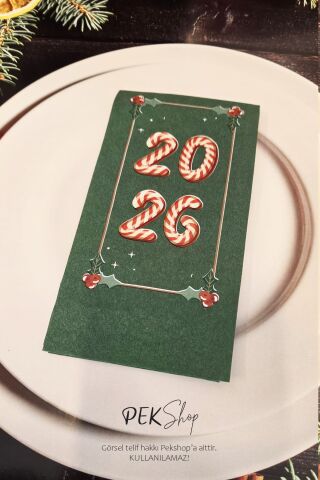 Candy Cane 2026 Baskılı Yeşil Yılbaşı Peçetesi - Yeşil Peçete 12li Paket