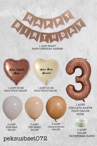 Retro Renkler Doğum Günü Parti Seti Çikolata Kahve Yaş Balonlu Kraft Banner Balon Zinciri Seti 3