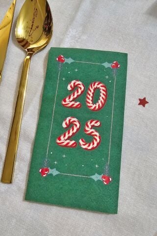 Candy Cane 2025 Baskılı Yeşil Yılbaşı Peçetesi - Yeşil Peçete 12li Paket