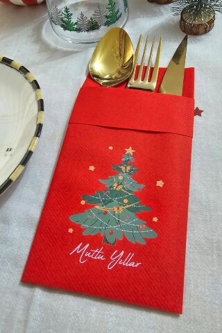 Kumaş Dokulu Kırmızı Yılbaşı Ağacı Mutlu Yıllar Baskılı Yılbaşı Peçetesi - Cepli Kırmızı Peçete 6lı Paket