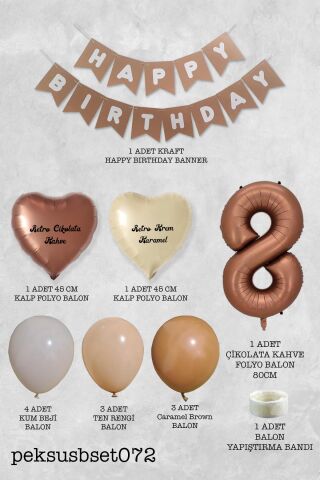 Retro Renkler Doğum Günü Parti Seti Çikolata Kahve Yaş Balonlu Kraft Banner Balon Zinciri Seti 8
