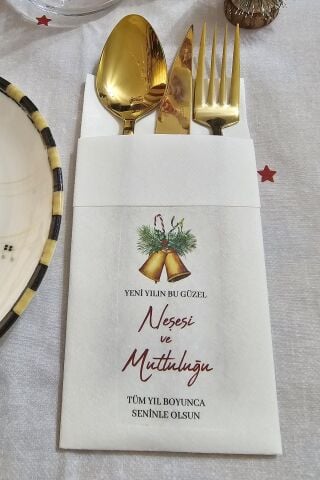 Kumaş Dokulu Yılbaşı Çanları ve Yılbaşı Dilekleri Baskılı Yılbaşı Peçetesi - Cepli Beyaz Peçete 6lı Paket