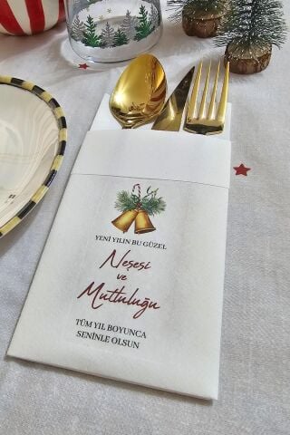 Kumaş Dokulu Yılbaşı Çanları ve Yılbaşı Dilekleri Baskılı Yılbaşı Peçetesi - Cepli Beyaz Peçete 6lı Paket