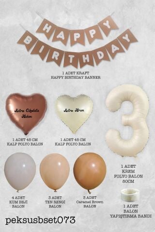 Retro Renkler Doğum Günü Parti Seti KREM Yaş Balonlu Kraft Banner Balon Zinciri Seti 3