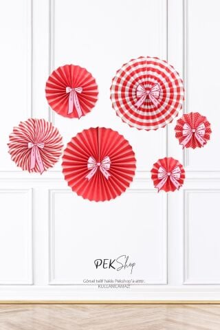 Fiyonk Süslemeli Kırmızı Beyaz Yelpaze Süs Seti 6lı Fan Duvar Süsü