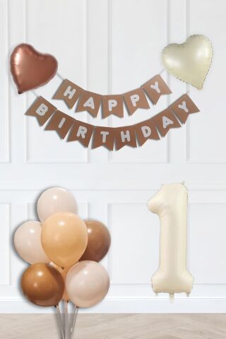 Retro Renkler Doğum Günü Parti Seti KREM Yaş Balonlu Kraft Banner Balon Zinciri Seti 1