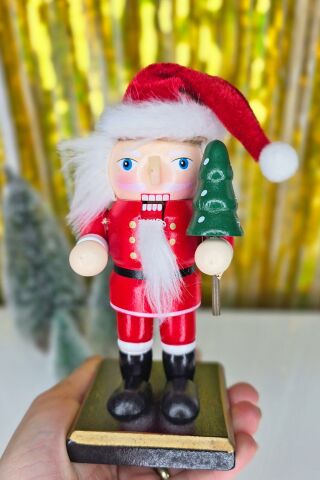 Noel Baba Fındıkkıran Masa Üstü Süs Obje Şapkalı Noel Baba Yılbaşı Masa Süsü 16cm