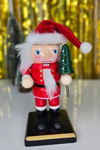 Noel Baba Fındıkkıran Masa Üstü Süs Obje Şapkalı Noel Baba Yılbaşı Masa Süsü 16cm