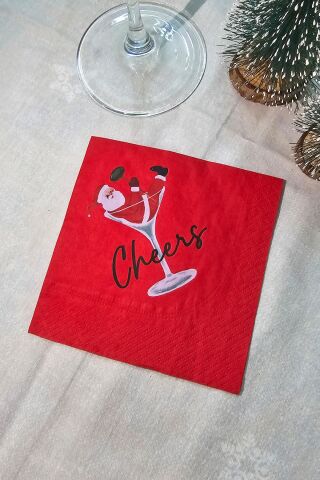 Kadehte Noel Baba Cheers Baskılı Yılbaşı Peçete Kare Kokteyl Peçetesi - Kırmızı Kare Peçete 12li Paket