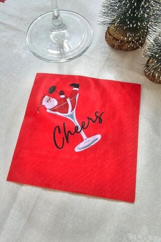 Kadehte Noel Baba Cheers Baskılı Yılbaşı Peçete Kare Kokteyl Peçetesi - Kırmızı Kare Peçete 12li Paket