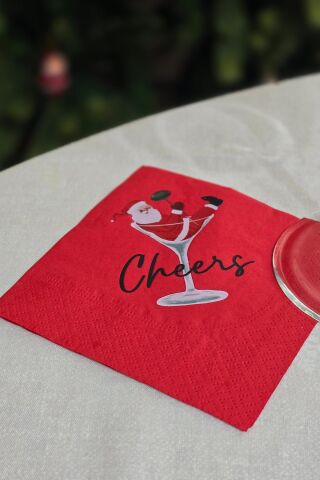 Kadehte Noel Baba Cheers Baskılı Yılbaşı Peçete Kare Kokteyl Peçetesi - Kırmızı Kare Peçete 12li Paket