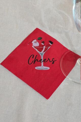 Kadehte Noel Baba Cheers Baskılı Yılbaşı Peçete Kare Kokteyl Peçetesi - Kırmızı Kare Peçete 12li Paket