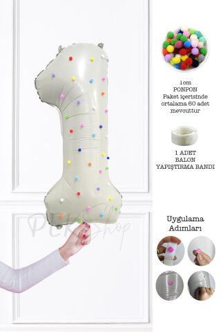 Rengarenk Ponpon Süslemeli Retro Krem Yaş Balonu 80cm