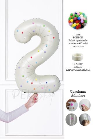Rengarenk Ponpon Süslemeli Retro Krem Yaş Balonu 80cm