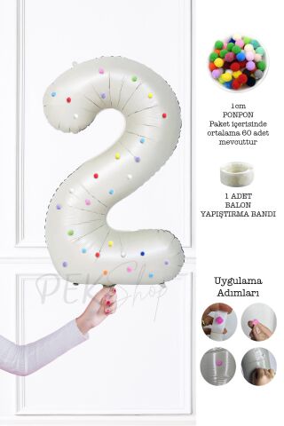 Rengarenk Ponpon Süslemeli Retro Krem Yaş Balonu 80cm